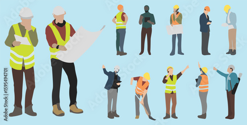 A comprehensive collection of diverse construction workers, engineers, and architects in various poses, suitable for architectural and professional designs.