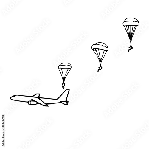 Airplane with parachutists descending in minimalistic style