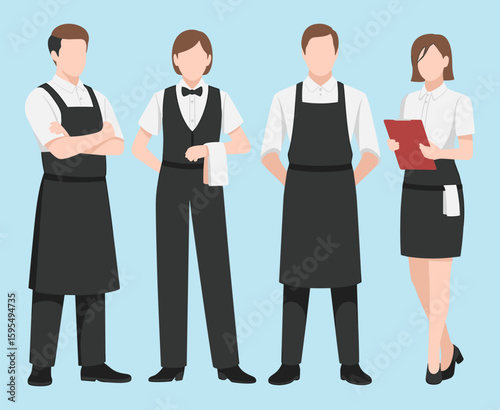 Professional restaurant staff, a group of waiters and waitresses standing together, providing excellent service in the hospitality industry, full-length vector illustration for food and beverage.
