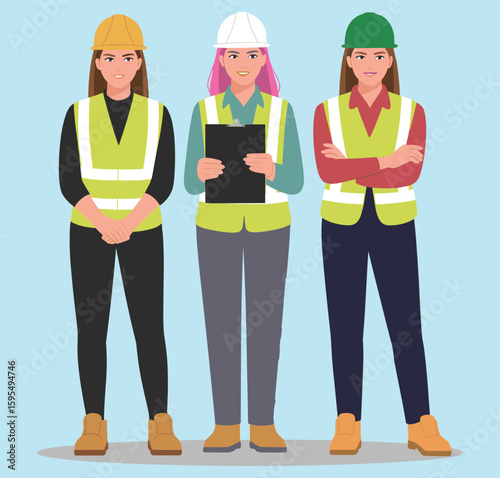 Three confident female engineers and construction workers standing together, wearing hard hats and safety vests, professional and successful women in male-dominated industries vector illustration.