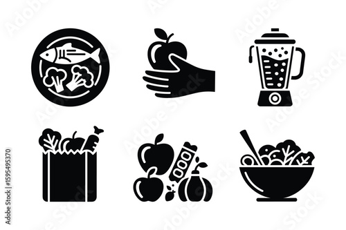 Healthy food icons featuring fish broccoli apple blender grocery bag vegetables and salad