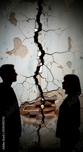 Two people face each other, separated by a large crack in a deteriorating wall with peeling paint and exposed bricks.