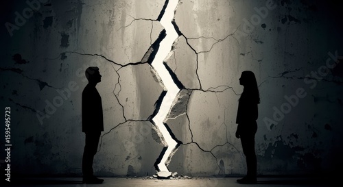 Two silhouetted figures face each other, separated by a jagged crack in a concrete wall, symbolizing division or conflict.