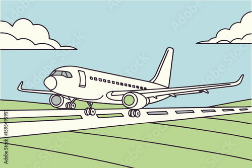 Commercial Airbus on a runway preparing for takeoff, showcasing modern aviation and global travel, modern flat illustration style.
