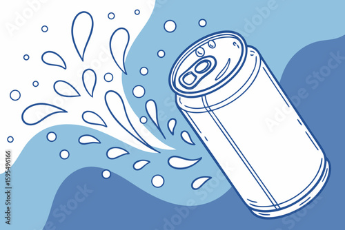 Aluminum soda can bursts with splashy water and fizz, set against a blue gradient background, modern flat illustration style
