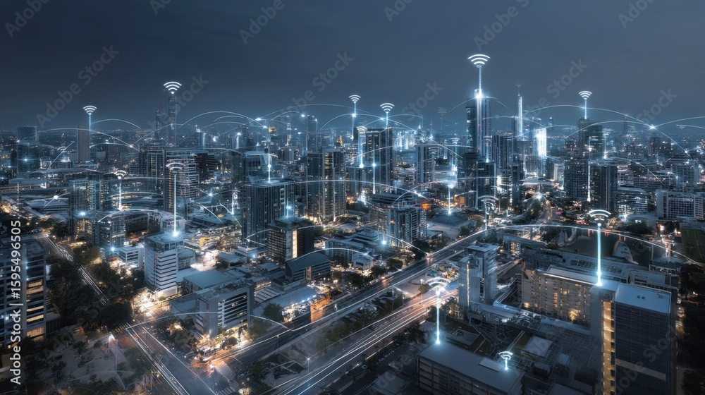 Fototapeta premium Connected Smart City Network at Night with Glowing Lines and WiFi Symbols