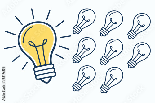 A single glowing yellow bulb rises among blue ones, highlighting creativity and standout ideas, modern flat illustration style