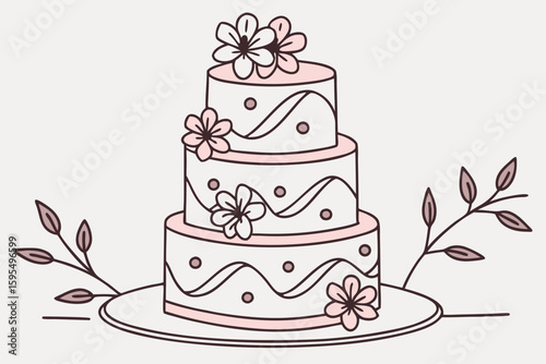 A soft pink wedding cake adorned with flowers glows with celebration and elegance, modern flat illustration style