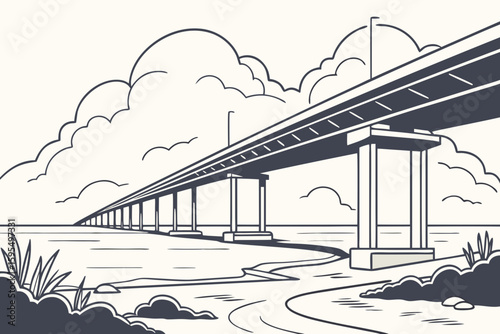Bridge spans across the Mackay horizon, its structure framed by clouds and coastal views, modern flat illustration style