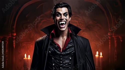 Portrait of a menacing vampire with fangs in a dark, candlelit setting