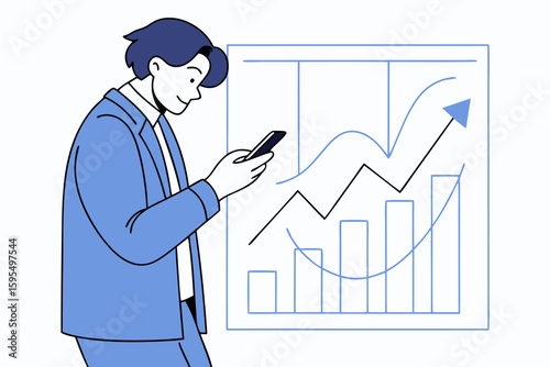 Businessman using smartphone to track profit growth and rising interest rates, stock market trends, and commission policy changes, modern flat illustration style