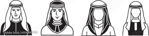 A simple, black and white vector illustration of a man wearing traditional Arab clothing, including a thobe and a head covering.