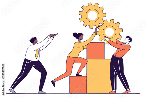 Cartoon business employees collaborate to build “teamwork” using large bold letters, promoting cohesion in modern flat illustration style.