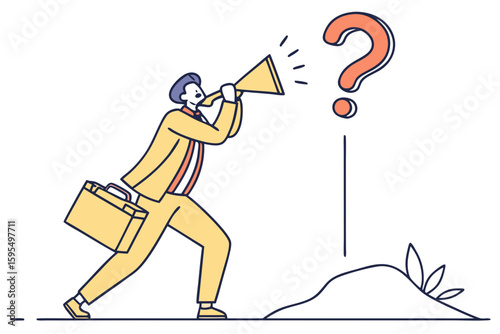 Cartoon businessman tackles a problem with a large question mark nearby, highlighting determination in modern flat illustration style.