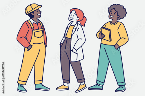 Cartoon team of professionals—Stanley, Emma, and Billy—stand together smiling, representing unity and collaboration in modern flat illustration style.