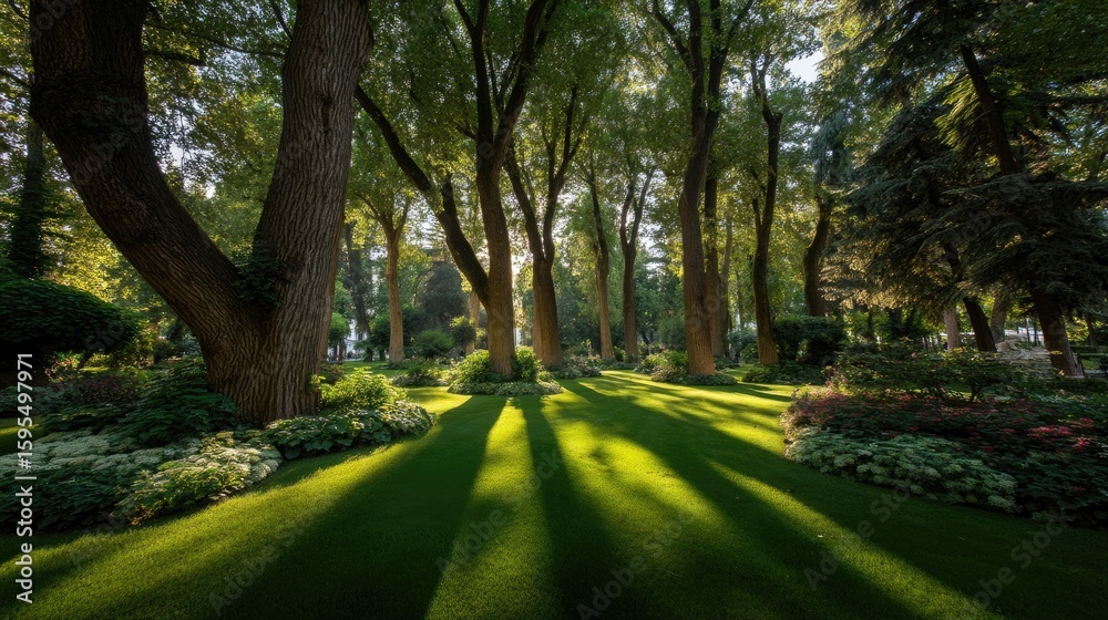 Obraz premium Sunlight filters through trees in a well-maintained garden.