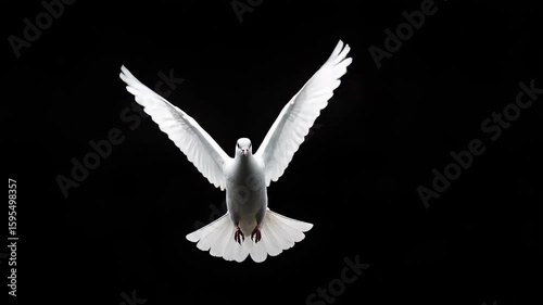 Elegant white dove in flight against black backdrop