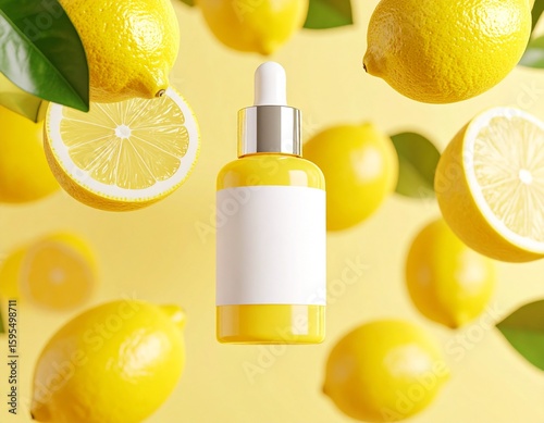 Generated image Lemon Essence Serum Bottle Floating with Fresh Citrus Background – 3D Render of Skincare Product with Realistic Lighting
