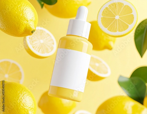 Generated image Lemon Essence Serum Bottle Floating with Fresh Citrus Background – 3D Render of Skincare Product with Realistic soft yellow Lighting