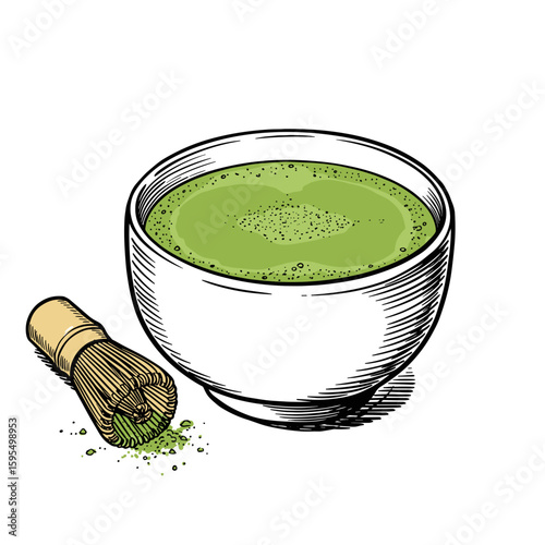 Matcha green tea in bowl with bamboo whisk on white background  