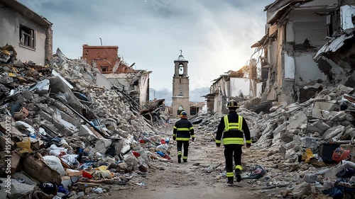 Firefighters walking through earthquake rubble in a destroyed city