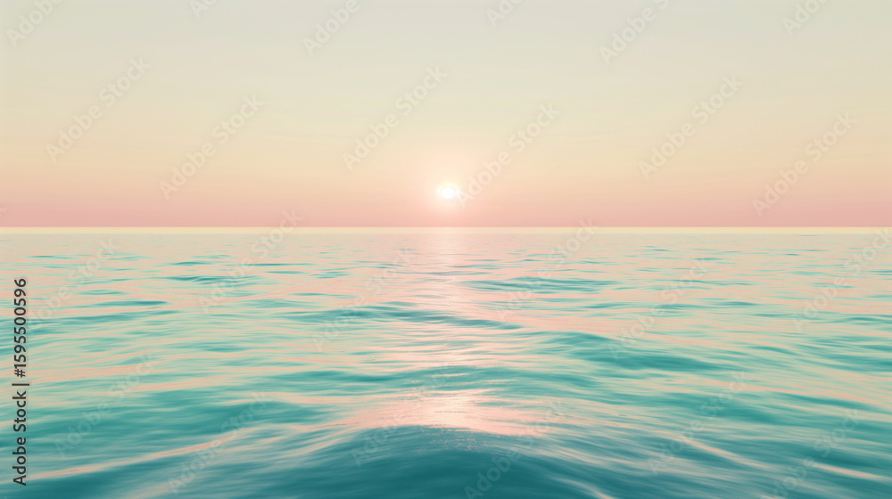 Naklejka premium Tranquil Ocean Horizon with a Soft Sunrise Casting Warm Hues Across the Water