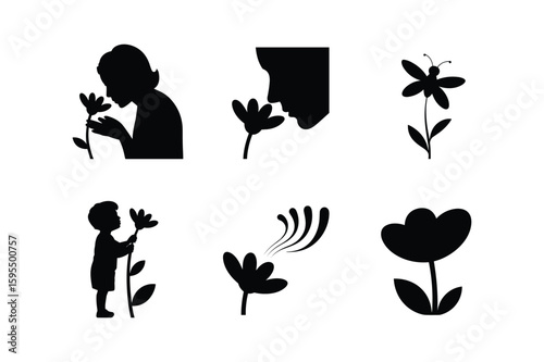 Silhouette of people smelling flowers and various floral designs child