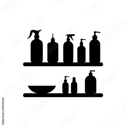 Black silhouette of a simple two-tier shelf with rows of cleaning products in minimalist style