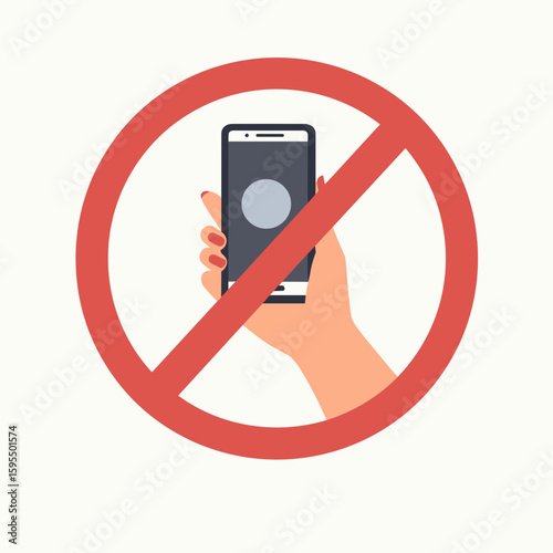 “No selfie” sign illustration featuring stylized phone with red crossed circle in minimal design
