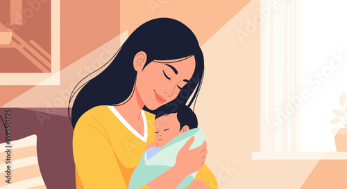 Mother lovingly cradles her sleeping baby a tender moment