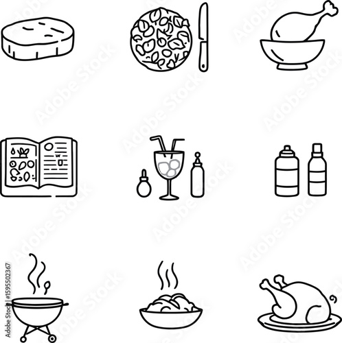Cooking & Food Icon Grid – Vector Illustration of Cheese, Pizza, Roast Chicken, Recipe Book, Drink, Condiments, BBQ Grill, Pasta Bowl, and Cooked Leg Dish
