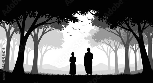 Two figures stand in a misty forest, observing a flock of birds flying above the trees