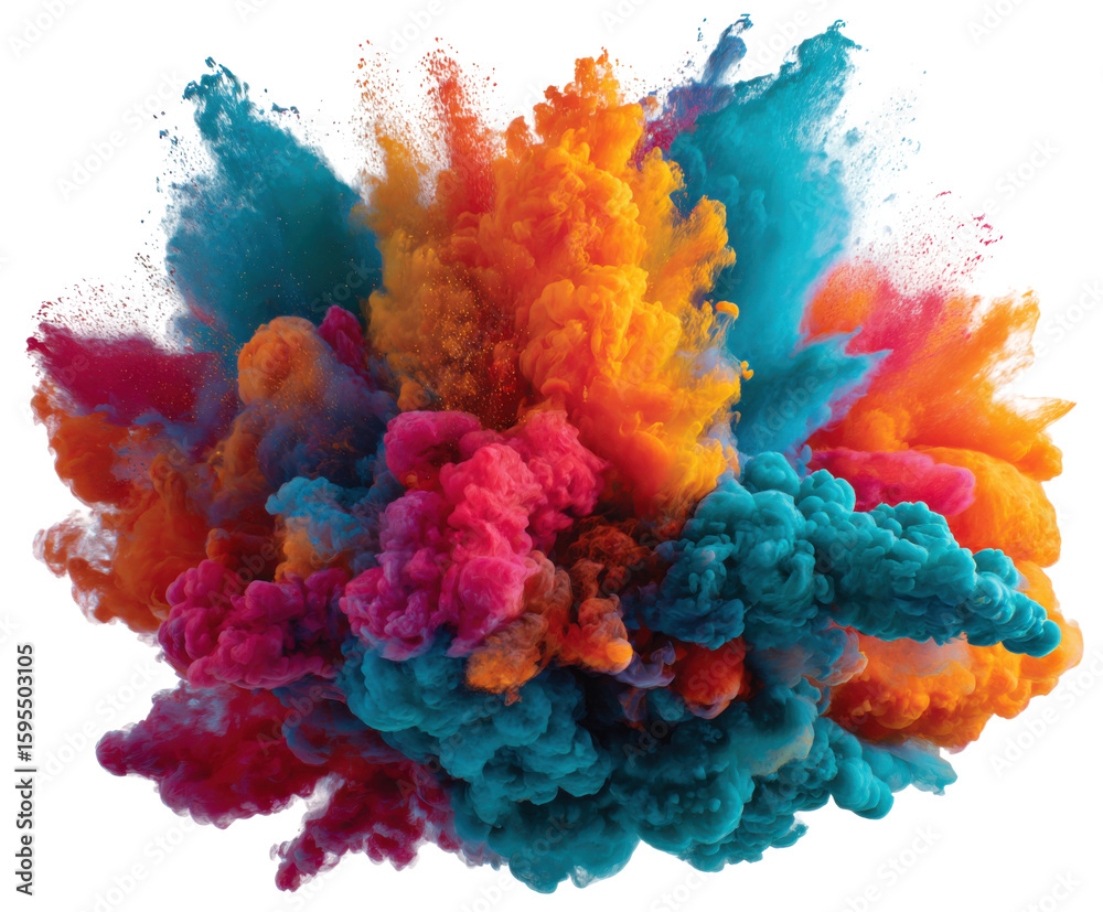 Fototapeta premium Explosive colorful smoke burst studio digital art vibrant close-up. Isolated on transparent background, png.
