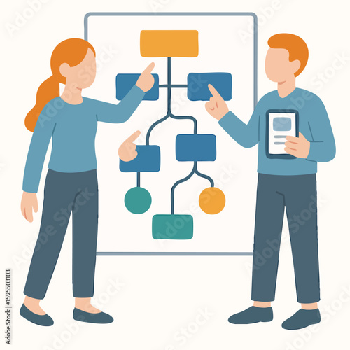 Flat Illustration of Man and Woman Analyzing Flowchart Presentation Design