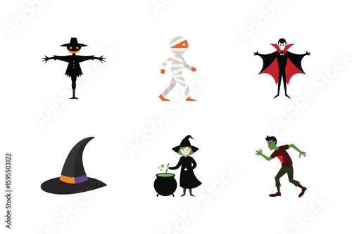 Halloween icons set with zombie witch with cauldron witch hat vampire mummy and creepy scarecrow vector illustration.