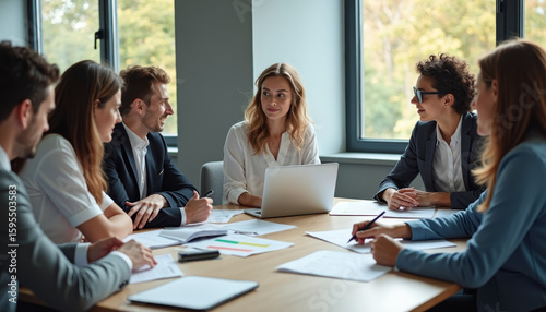 Business Meeting, Team Collaboration, Conference Room, Photo, Professional Environment, Close-Up View, Productive Discussion