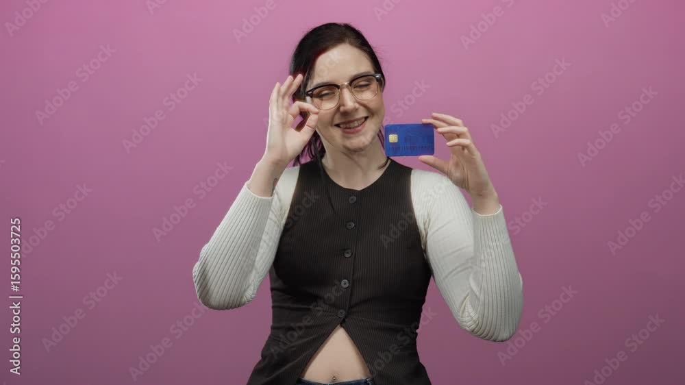 Woman smiling holding credit card making ok gesture against pink background wearing glasses and casual attire symbolizing approval and financial positivity. Woman smiling holding credit card making ok gesture against pink background wearing glasses and casual attire symbolizing approval and financial positivity.