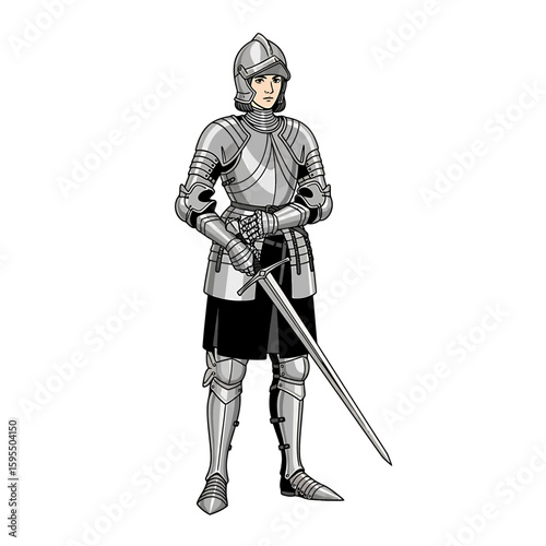 Illustration of a female knight in full shining armor, holding a sword, standing in a confident pose.