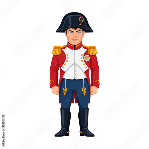 Full-body illustration of a man dressed in a historical military uniform with a bicorne hat, standing against a white background.