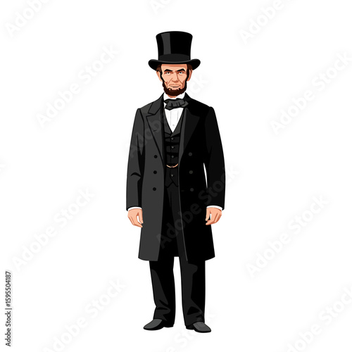 Full-length illustration of Abraham Lincoln wearing a top hat, suit, and bow tie, standing against a white background.