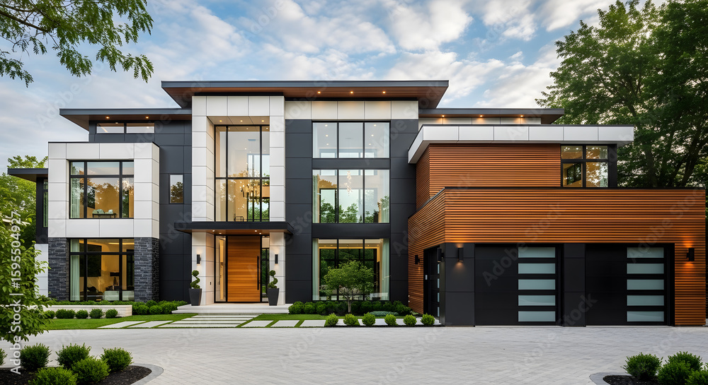 Fototapeta premium Contemporary Luxury Home with Wood Accents and Modern Elegance at Dusk