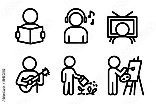 Black icons of relaxing people reading, painting, and listening to music. Perfect for hobby and lifestyle apps.