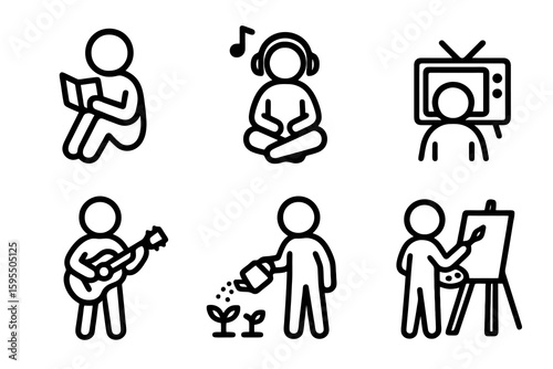 Vector leisure activity icons including guitar, books, and TV. Black icons for creative daily routines.