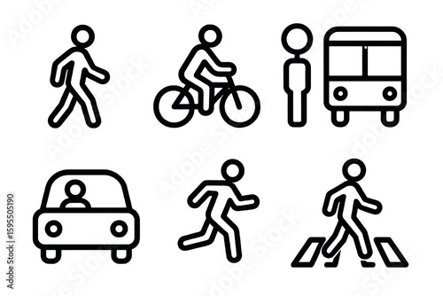 Black icons of people walking, biking, and driving. Urban commute vector symbols for apps or mobility UI.