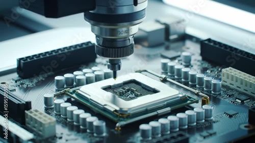 Close up view of processor installation on motherboard high tech manufacturing process