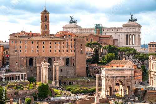 Ancient Forum Romanum. View from Palatine hill. Beautiful old ruins of roman imperium