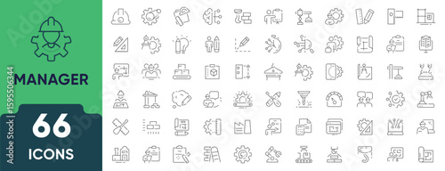Civil Engineering Line Icon Set. Set of 66 outline icons including construction site, bridge, blueprint, surveying, safety helmet, and infrastructure. Editable stroke. Linear vector illustration.