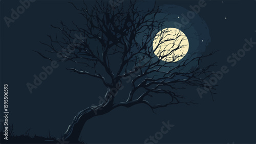 Serenity in Nature: Moonlit Night with Bare Tree Branches Casting Calm Shadows