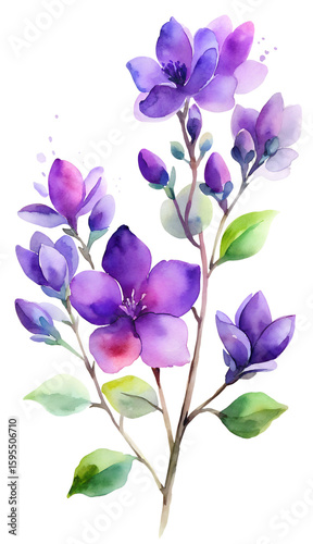 Watercolor Purple Flowers and Green Leaves Illustration on Transparent Background