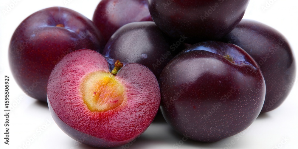 Obraz premium Delicious plums, one cut open to reveal its sweet and juicy flesh on a white background.